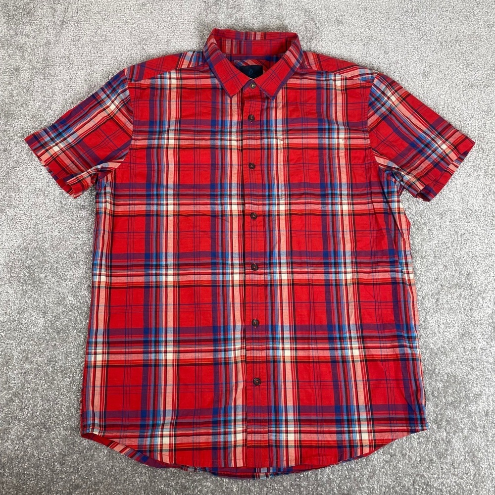 Prana Button Up Shirt Mens Medium Organic Cotton Blend Plaid Short Sleeve Benton